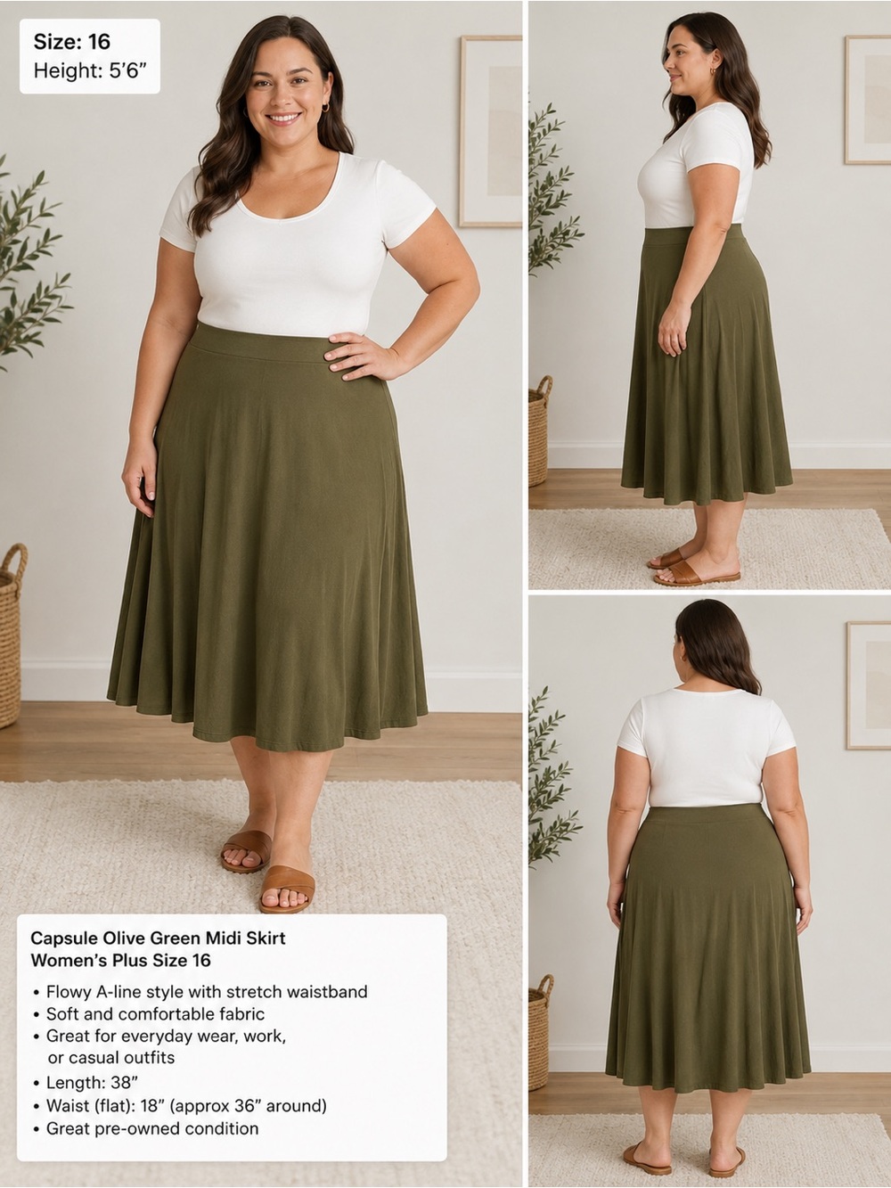 Capsule Olive Green Midi Skirt Womens Plus Size 16 Flowy A Line Stretch